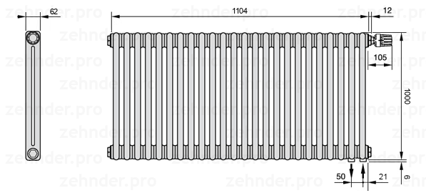 Схема (чертеж) Радиатор Zehnder Charleston 2100/24 №V002 Белый глянцевый RAL 9016